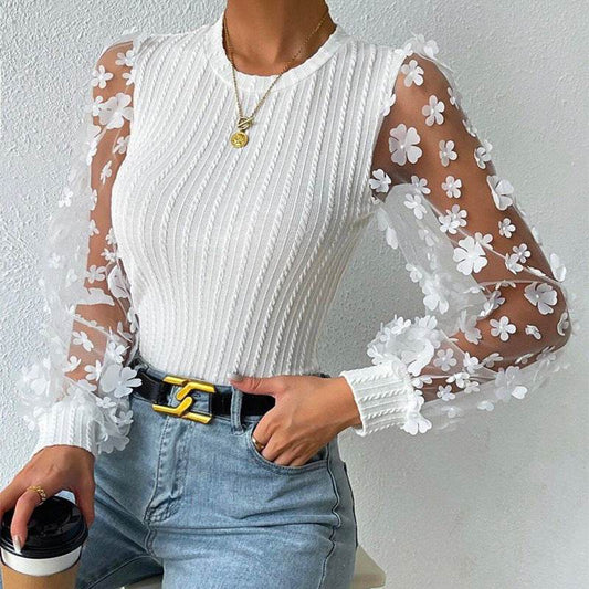 Women's Mesh Small Flower Chiffon Shirt - Summer Long Sleeve Luxury ladys shirt Distinguished Fine Apparel