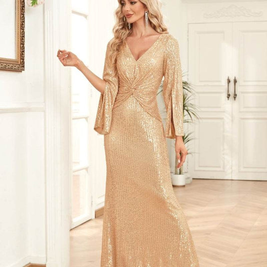 Gold Sequin Slim Fishtail Evening Dress – Bridesmaid & Banquet Elegance ladys gown Distinguished Fine Apparel
