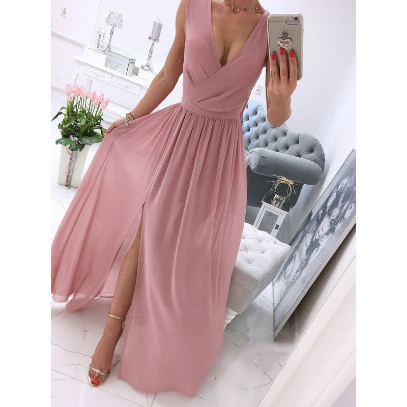 Women's Summer Sleeveless And Ankle Skirt - White - V-neck, Front Split, Long Dress ladys dresses Distinguished Fine Apparel Pink 2XL