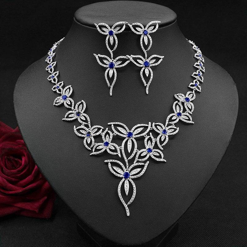 Flower Zircon Wedding Set - Elegant Necklace & Earrings for Romantic Brides jewelry set Distinguished Fine Apparel Blue