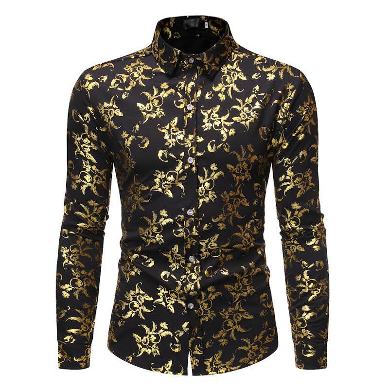 Men's Basic Style Bronzing Flower Shirt men's shirt Distinguished Fine Apparel Black S