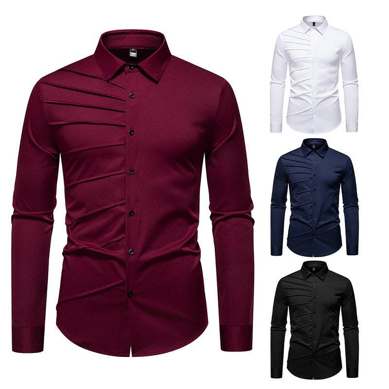 Men's Pleated Design Casual Long sleeved Shirt mens shirt Distinguished Fine Apparel