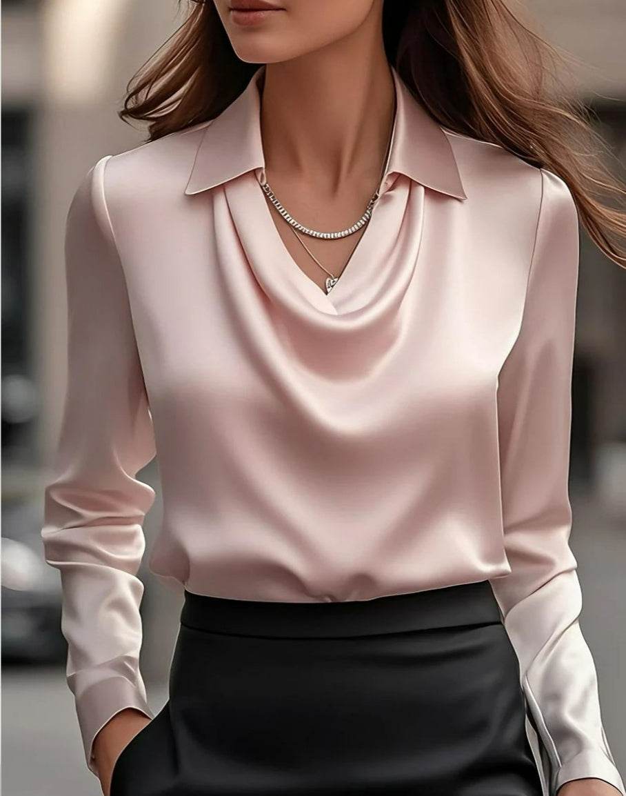 Women's Swing Collar Draped Shirt Elegant Satin - Office, Spring, Casual Top ladys shirt Distinguished Fine Apparel