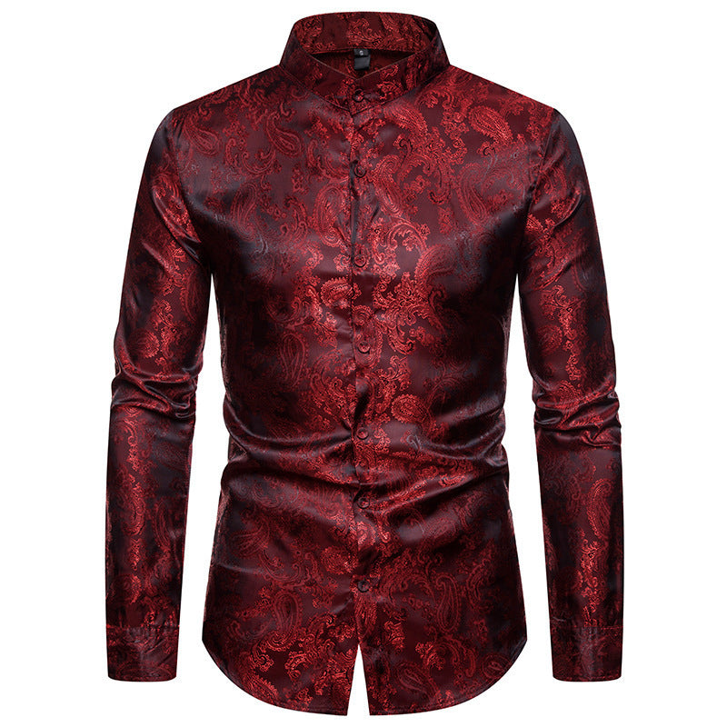 Men's Cashew Flower High-end Lapel Shirt Men's Shirts Distinguished Fine Apparel Wine Red 2XL