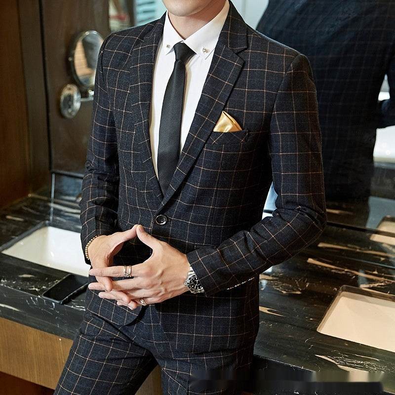 Men's Korean-style Business Suit Slim-fit Plaid Casual Wear gents suit Distinguished Fine Apparel Gray Three Pieces L