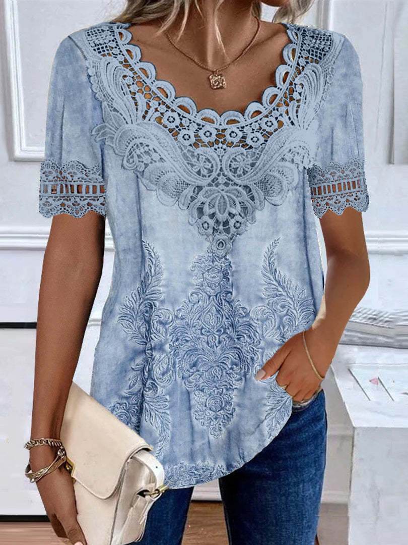 Women's Garden Collar Printed Short Sleeved Top ladys tops Distinguished Fine Apparel 05style Light Blue S