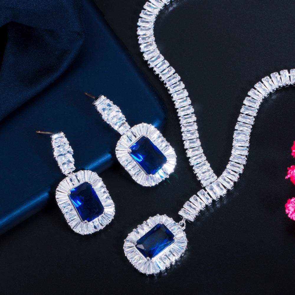 Platinum Zircon Earrings & Necklace Set – Elegant Sparkle for Any Occasion jewelry set Distinguished Fine Apparel Blue
