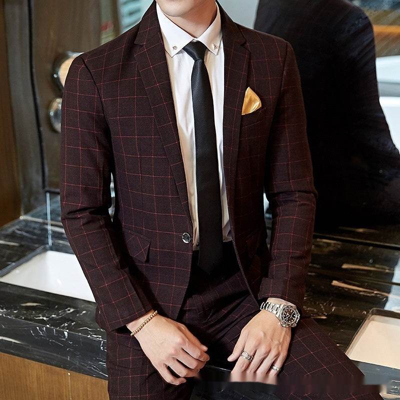 Men's Korean-style Business Suit Slim-fit Plaid Casual Wear gents suit Distinguished Fine Apparel Wine Red Three Pieces L