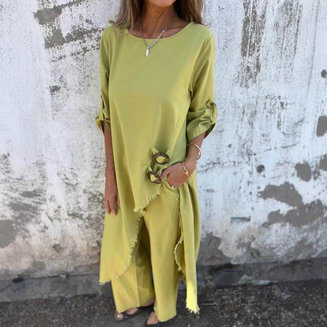 Women's Loose Irregular Long Eclectic Design Set ladys shirt Distinguished Fine Apparel Yellow L