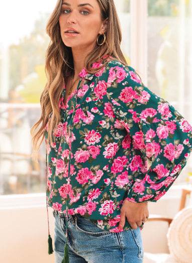 Beautiful Ladies Green Floral Printed Puff Sleeve Blouse - Puff Sleeve Elegance ladys shirt Distinguished Fine Apparel
