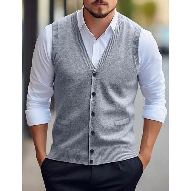 Men’s Wool Knit Sleeveless Vest – Solid Color Casual Cardigan for All Seasons gents top Distinguished Fine Apparel Light Gray M