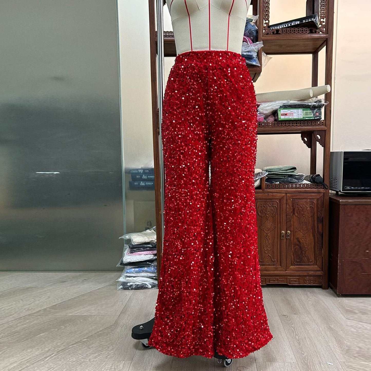 European And American Pure Sequins Fashion Pants for Women - Ladies Casual Wide-leg Pants ladys pants Distinguished Fine Apparel Red S