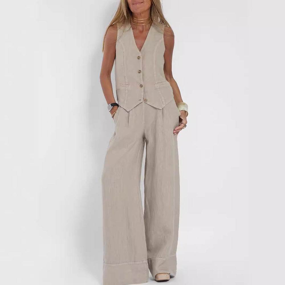 Ladies Summer Suit V-neck Sleeveless Top And Loose Trousers Casual Distinction ladys suit Distinguished Fine Apparel Apricot 4XL
