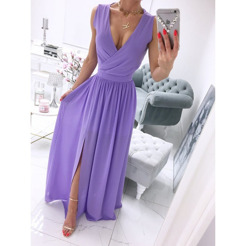 Women's Summer Sleeveless And Ankle Skirt - White - V-neck, Front Split, Long Dress ladys dresses Distinguished Fine Apparel Purple 2XL