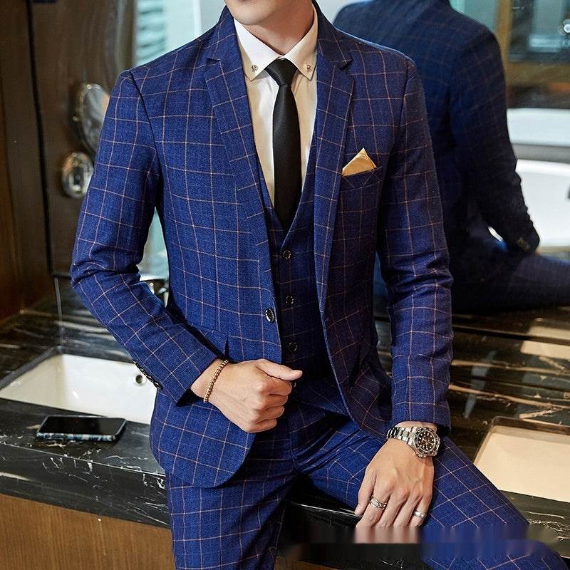 Men's Korean-style Business Suit Slim-fit Plaid Casual Wear gents suit Distinguished Fine Apparel Blue Three Pieces L
