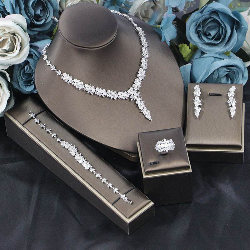 Elegant Rose Zircon Bridal Jewelry Set – 4-Piece Wedding & Evening Fashion jewelry set Distinguished Fine Apparel Silver White