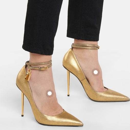 Pointed Padlock Gold Heel High Heels - Catwalk Heels That Define Luxury Fashion and Fierce Attitude ladys foot wear Distinguished Fine Apparel