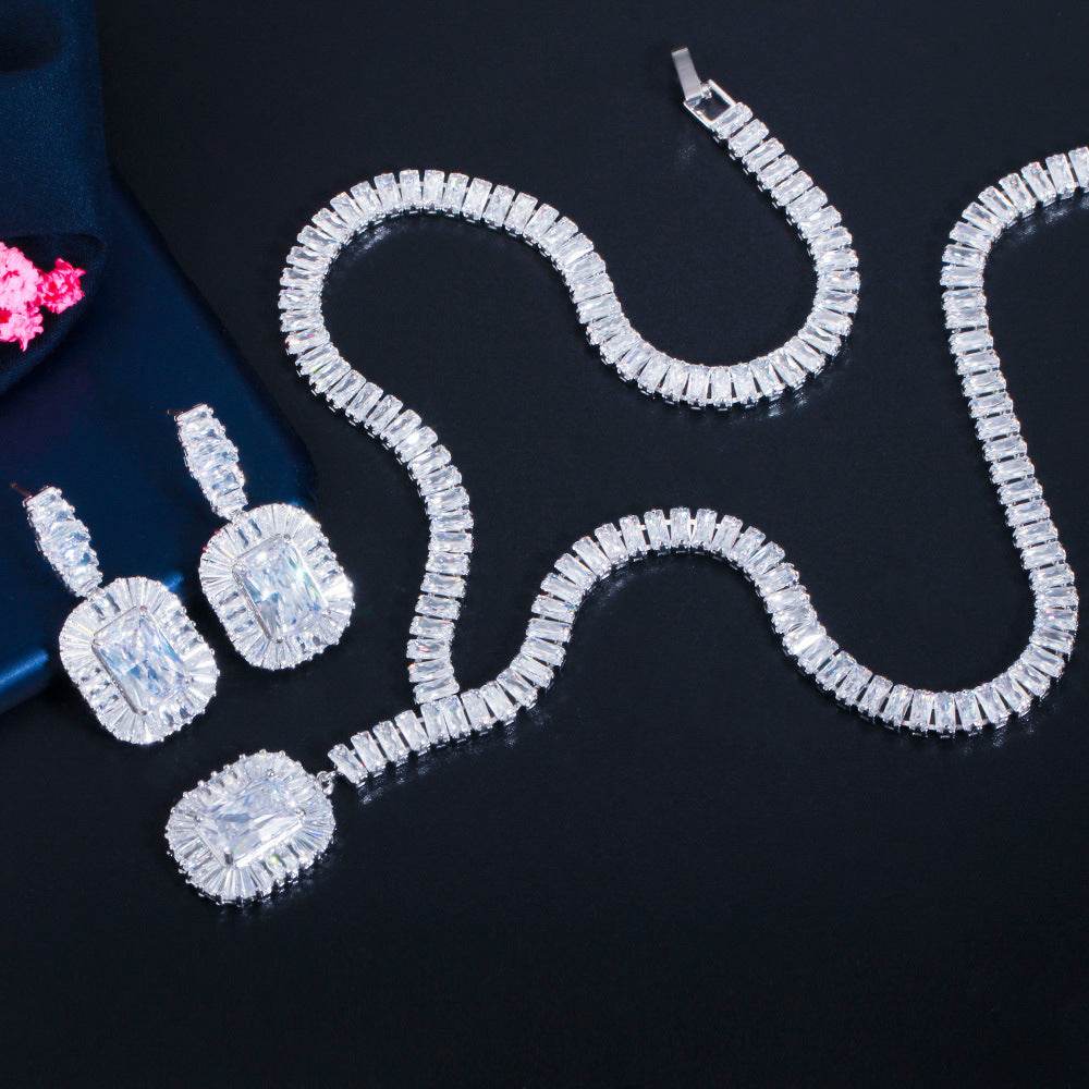 Platinum Zircon Earrings & Necklace Set – Elegant Sparkle for Any Occasion jewelry set Distinguished Fine Apparel White