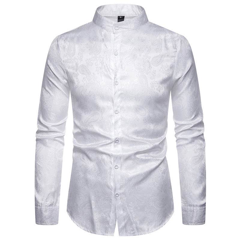 Men's Long Sleeved Shirt - High-end Cashew Flower Lapel Design Men's Shirts Distinguished Fine Apparel White 2XL