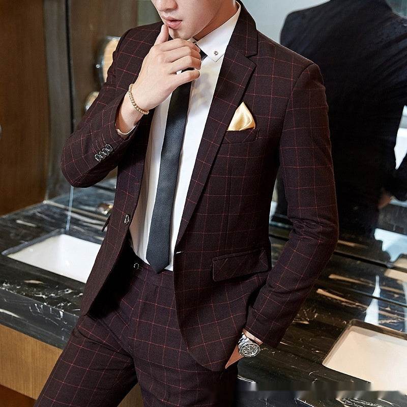 Men's Korean-style Business Suit Slim-fit Plaid Casual Wear gents suit Distinguished Fine Apparel Wine Red Suit L
