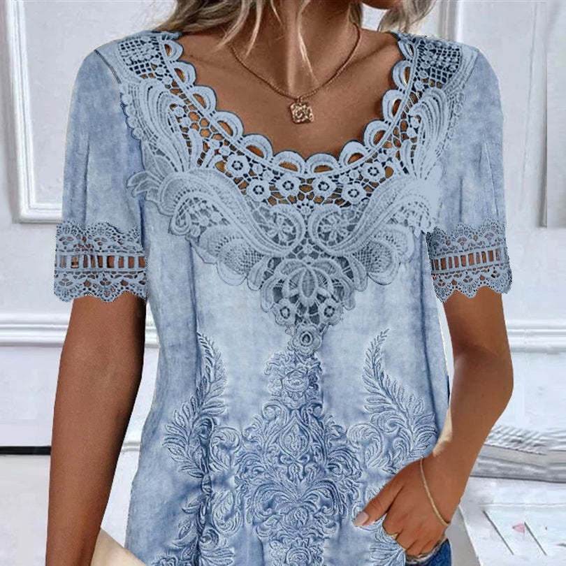 Women's Garden Collar Printed Short Sleeved Top ladys tops Distinguished Fine Apparel