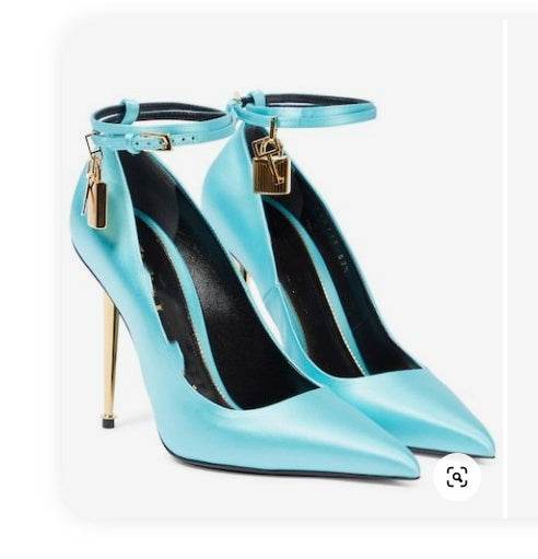 Pointed Padlock Gold Heel High Heels - Catwalk Heels That Define Luxury Fashion and Fierce Attitude ladys foot wear Distinguished Fine Apparel Cyan 35