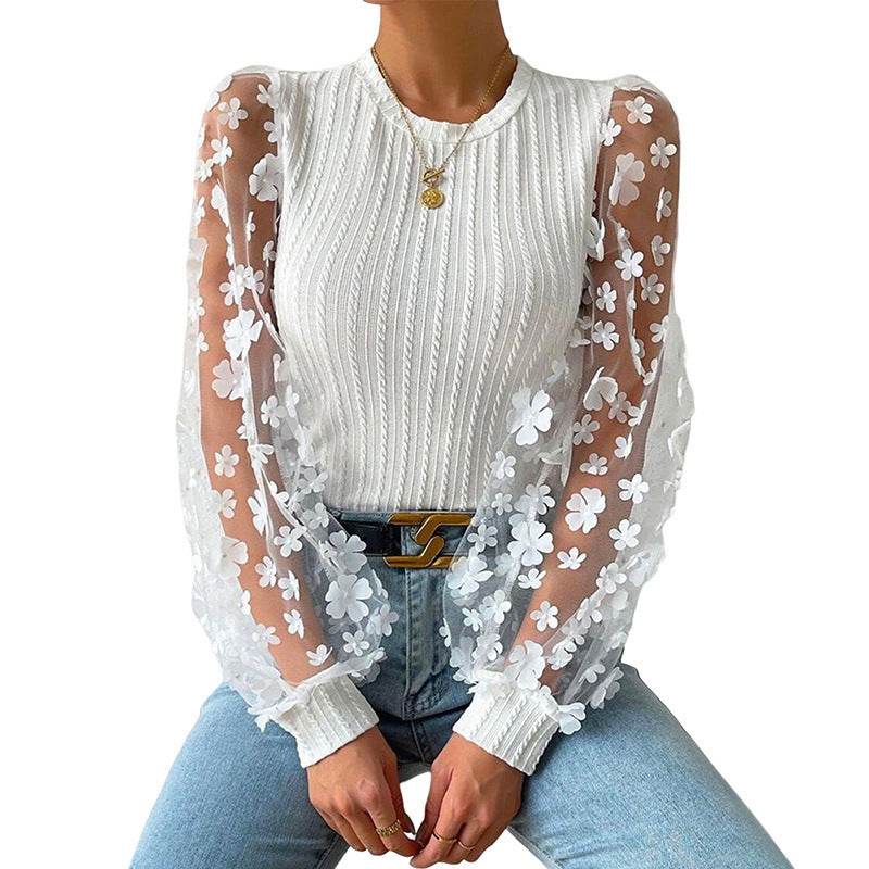 Women's Mesh Small Flower Chiffon Shirt - Summer Long Sleeve Luxury ladys shirt Distinguished Fine Apparel White 2XL