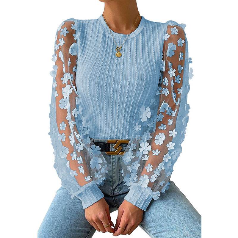 Women's Mesh Small Flower Chiffon Shirt - Summer Long Sleeve Luxury ladys shirt Distinguished Fine Apparel Sky Blue 2XL