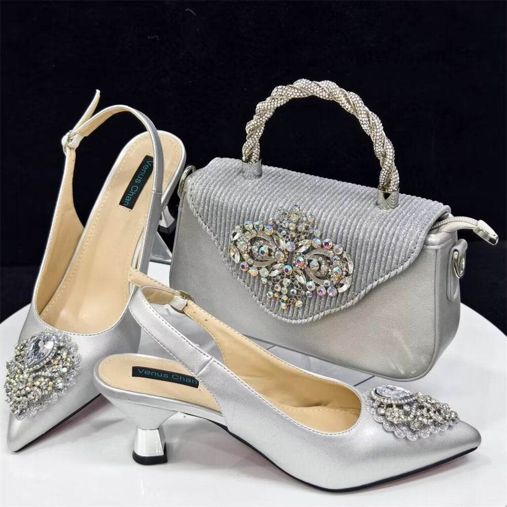 French Chic Sling-back Heels & Bag Set – Pointed Toe Elegance for Everyday Style ladys foot wear Distinguished Fine Apparel Silver 37