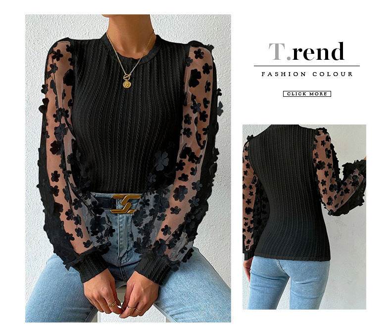 Women's Mesh Small Flower Chiffon Shirt - Summer Long Sleeve Luxury ladys shirt Distinguished Fine Apparel