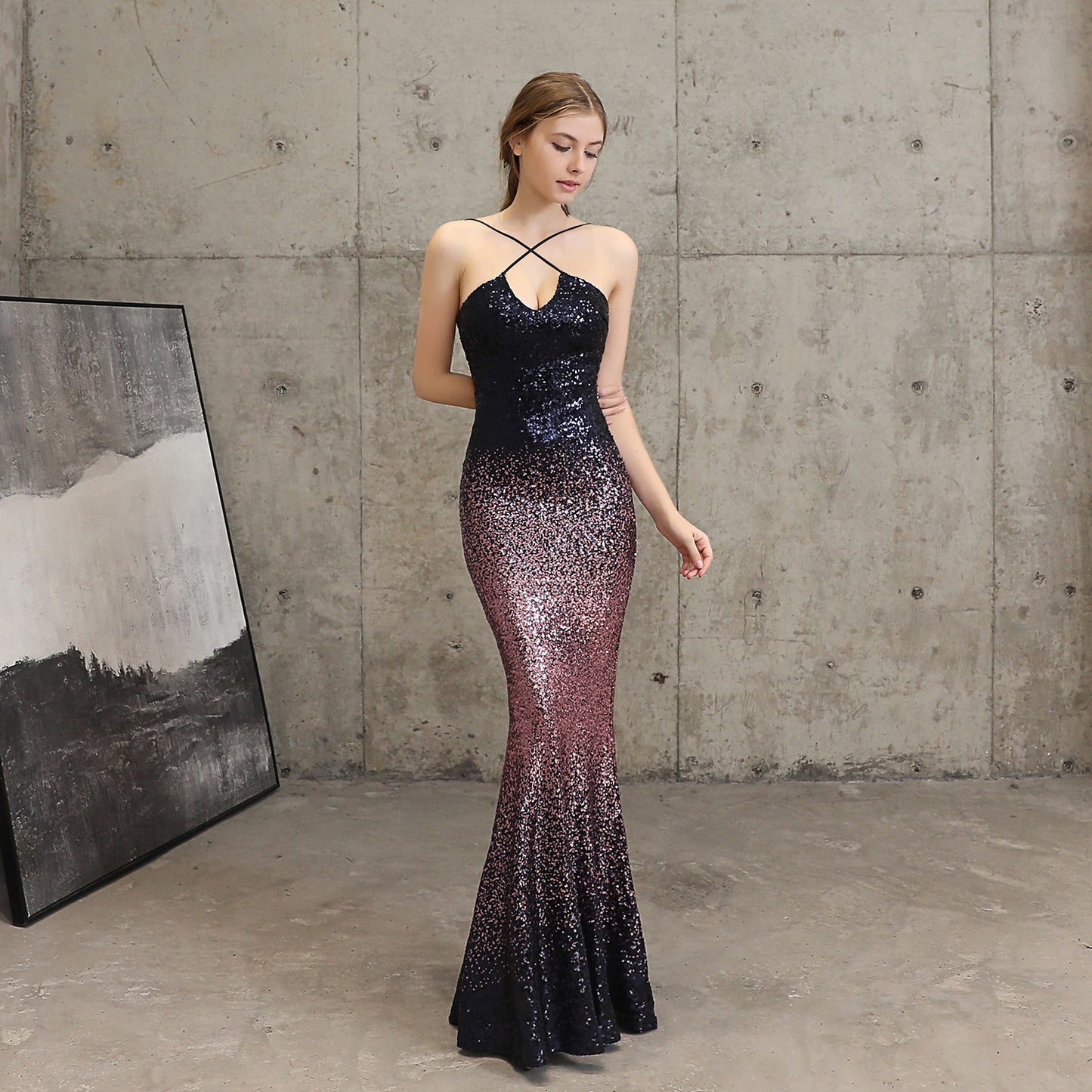 Sequin Party Dress Long Banquet Slim Fishtail Evening Dress lady's dresses Distinguished Fine Apparel Tibetan Blue Powder Tibetan Bl 2XL