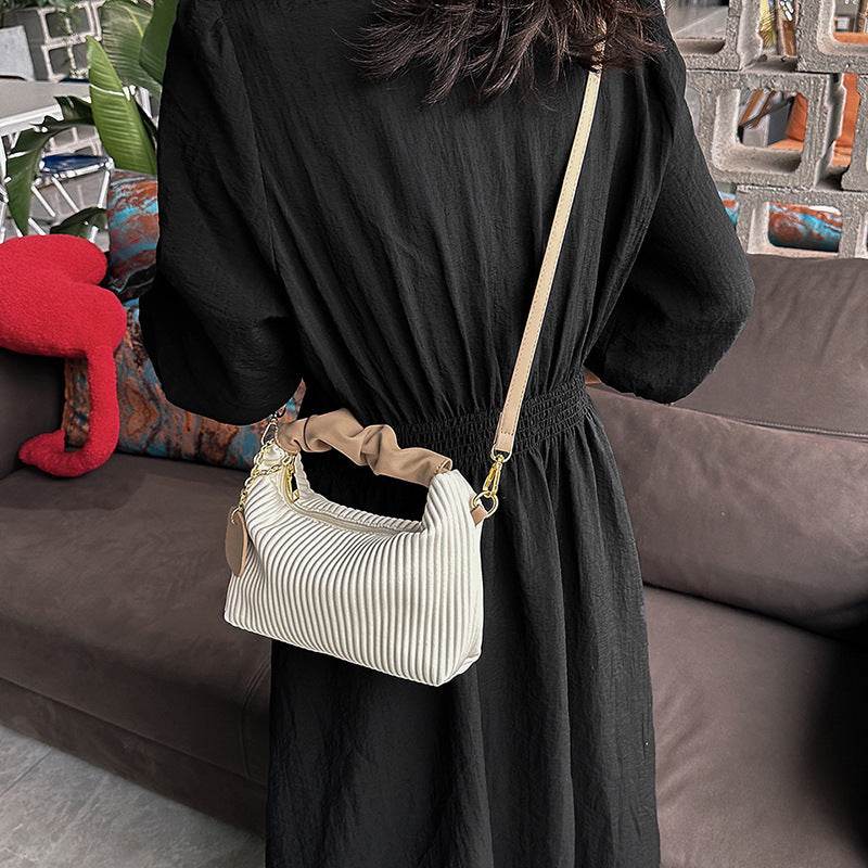Ladies Crossbody Pleated Small Tote Bag - Casual Simple Elegant Messenger Style ladys bag Distinguished Fine Apparel White