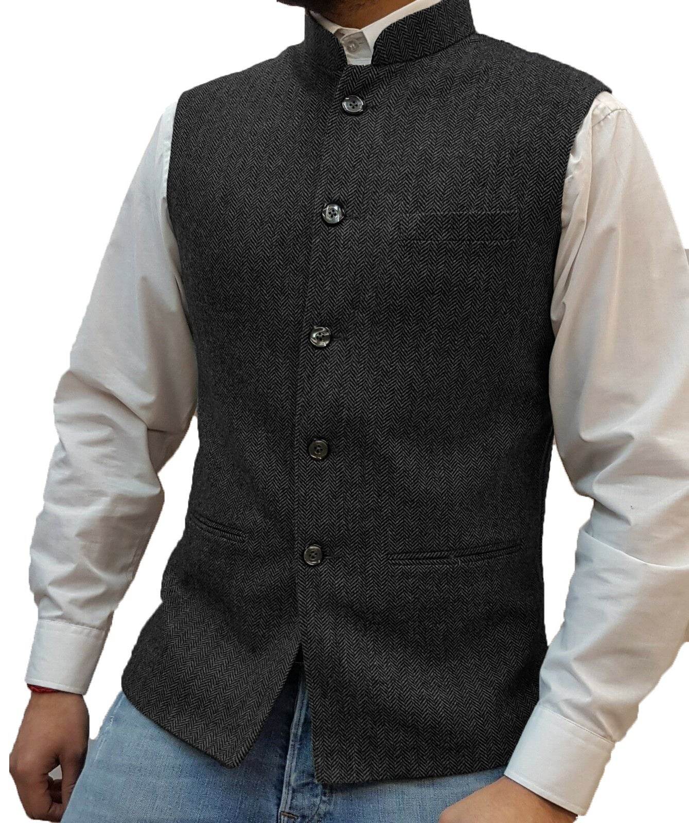 Zhongshan Collar Herringbone Pattern Gentlemen's Vest - Casual or Semi Formal mens vest Distinguished Fine Apparel Black M
