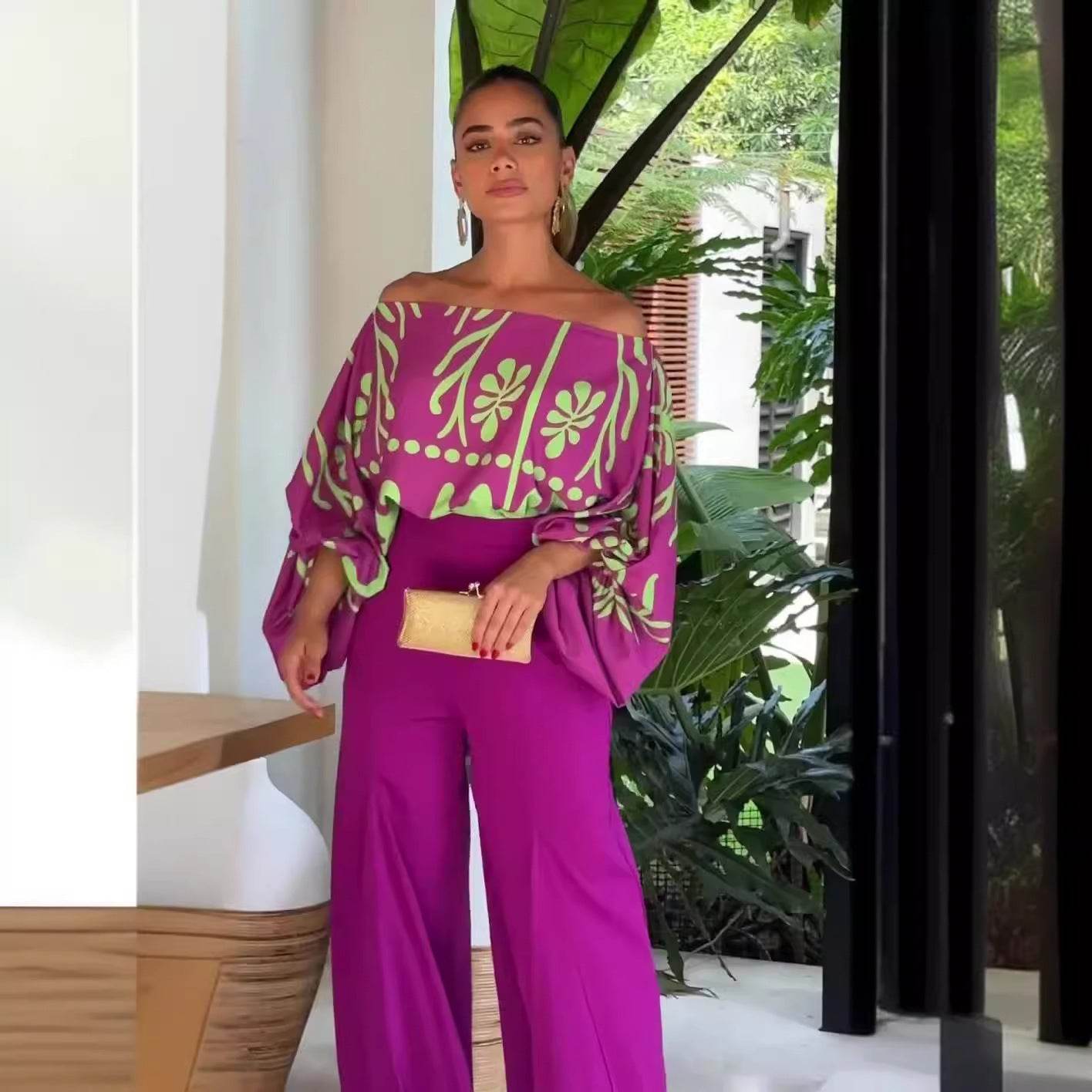 Women's Printed Summer Top and Wide-leg Pants Set - Absolutely Beautiful ladys pants Distinguished Fine Apparel Purple L