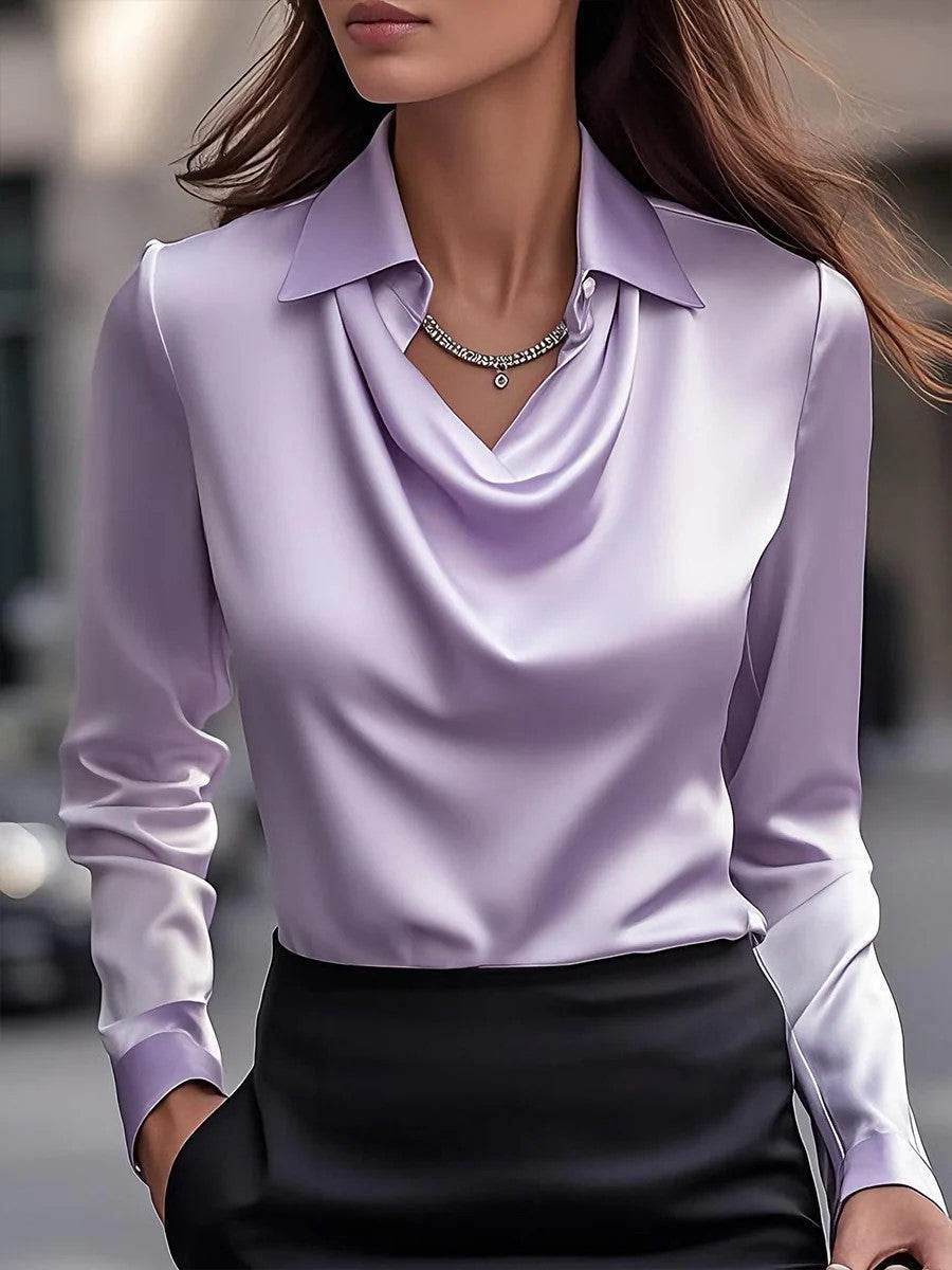 Women's Swing Collar Draped Shirt Elegant Satin - Office, Spring, Casual Top ladys shirt Distinguished Fine Apparel