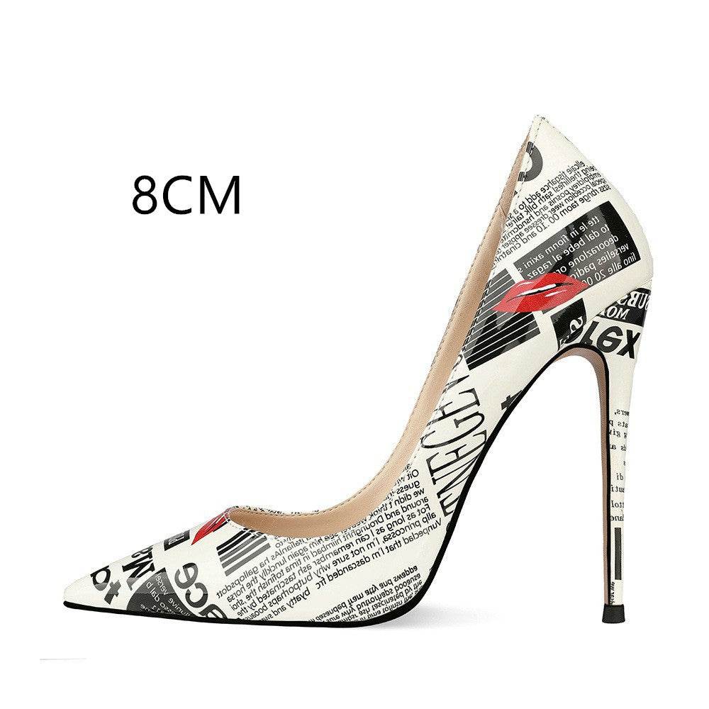 Graffiti Newsprint Stilettos - Old World Print Heels ladys foot wear Distinguished Fine Apparel Picture color 8cm 34