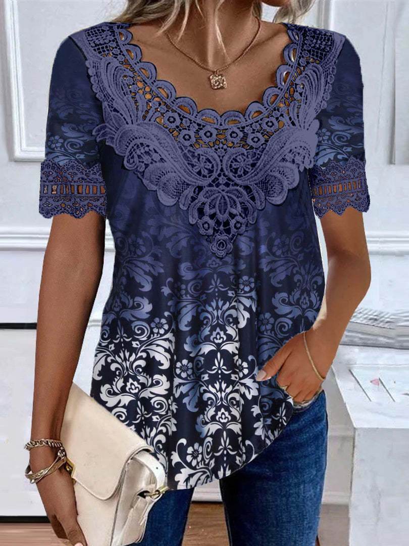 Women's Garden Collar Printed Short Sleeved Top ladys tops Distinguished Fine Apparel 08style Blue S