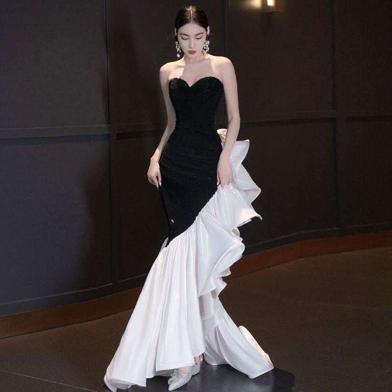 Sophisticated ladies Black and White Evening Gown - Opulent Elegance black white gown Distinguished Fine Apparel Black L