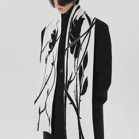 Original Hand-painted Black And White Thorn Rose Winter Scarf - Warmer Angora Skaf Distinguished Fine Apparel