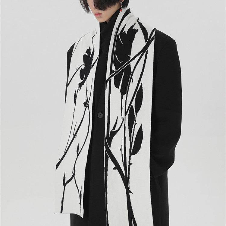Original Hand-painted Black And White Thorn Rose Winter Scarf - Warmer Angora Skaf Distinguished Fine Apparel White