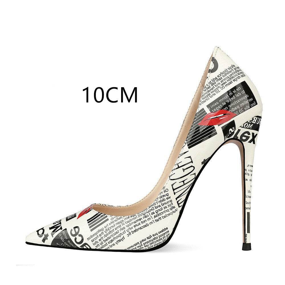 Graffiti Newsprint Stilettos - Old World Print Heels ladys foot wear Distinguished Fine Apparel Picture color 10cm 34