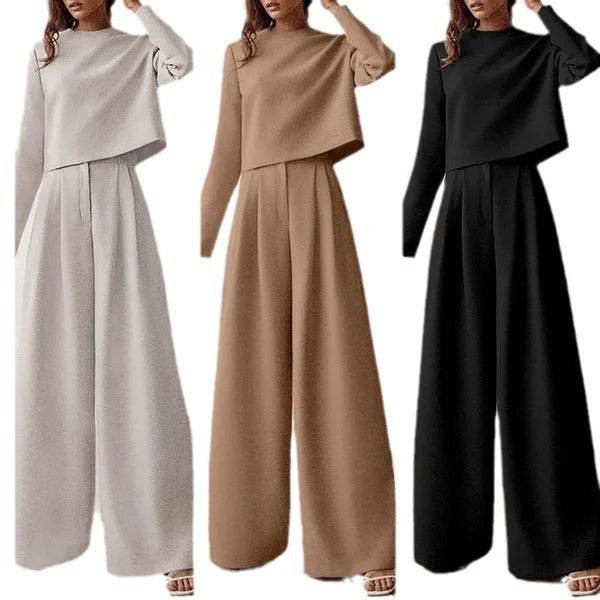 Women's Loose-fitting Casual Two-piece Suit - Wide Leg Pants ladys pants Distinguished Fine Apparel