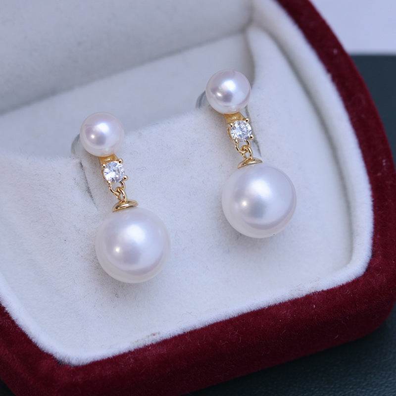 Freshwater White Double Pearl Stud Earrings – 6–11mm, Strong Luster & Perfect Circles ladys earrings Distinguished Fine Apparel S925 Gold White Pearl