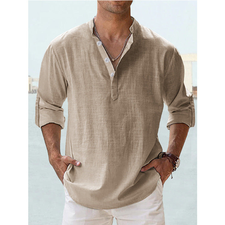 Men's Casual Linen Shirt - Spring Autumn Summer Wear Modern Gentlemen gents Shirts Distinguished Fine Apparel Khaki 2XL
