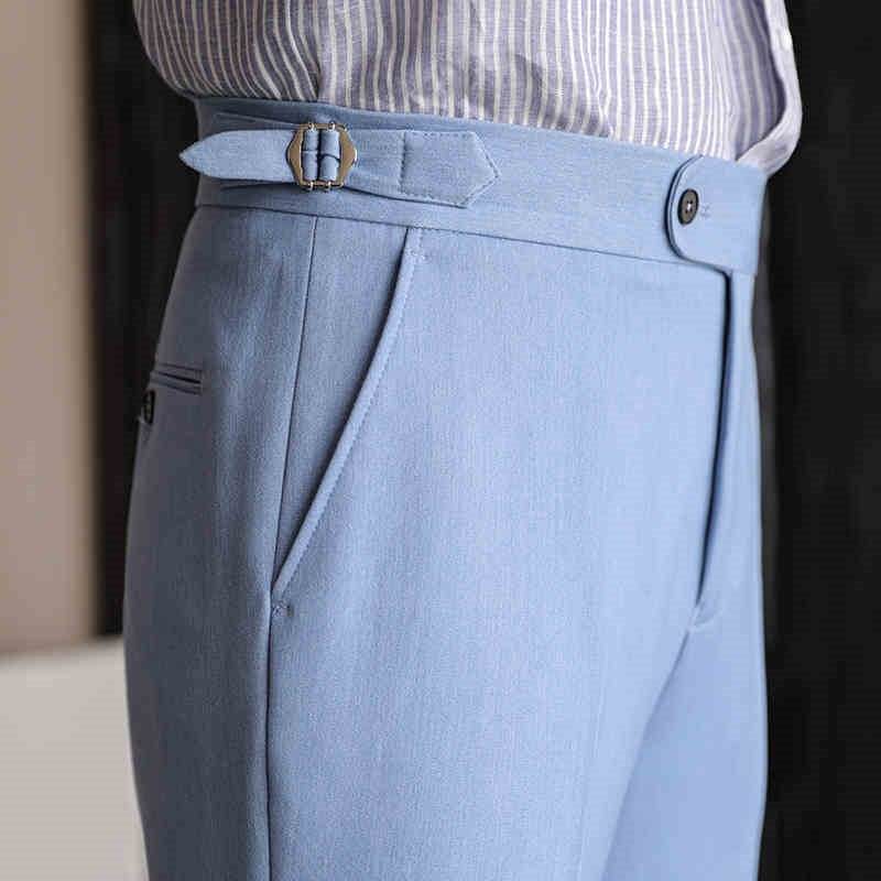Casual High-waisted Men's Non-ironing Elastic Hanging Pants Naples Solid Color Dress Pants formal wear Distinguished Fine Apparel Sapphire Blue 29
