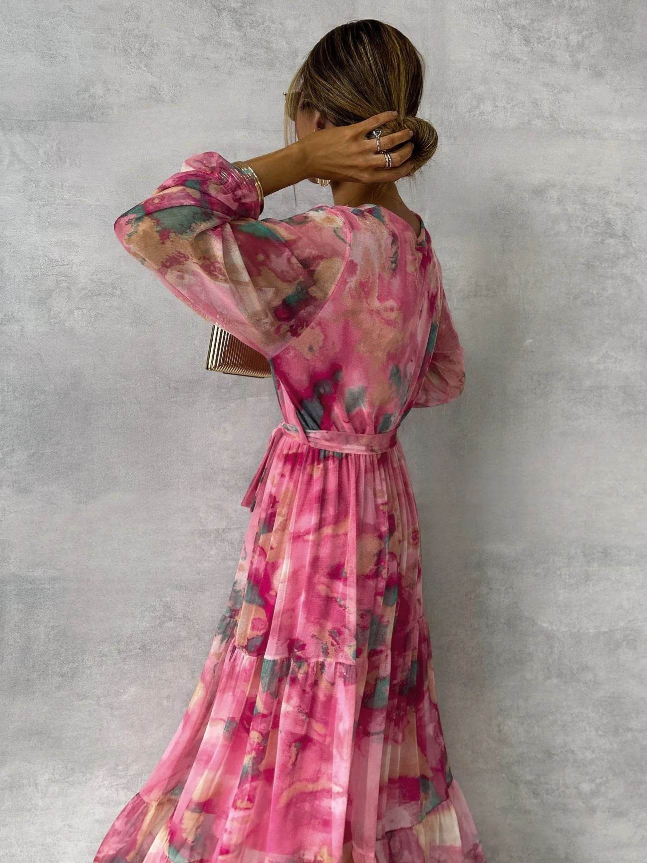 Ladies Floral Print Chiffon Maxi Dress - Elegant Pleated Gown dresses Distinguished Fine Apparel