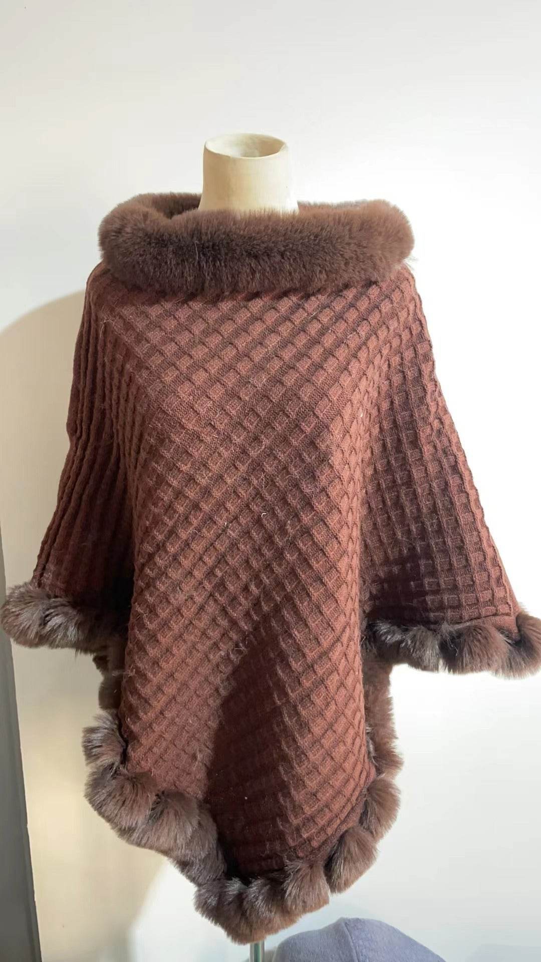 Women's Shawl Cape Luxury Rabbit Fur Collar - Graceful Cloak Outerwear lady's shawl Distinguished Fine Apparel Brown