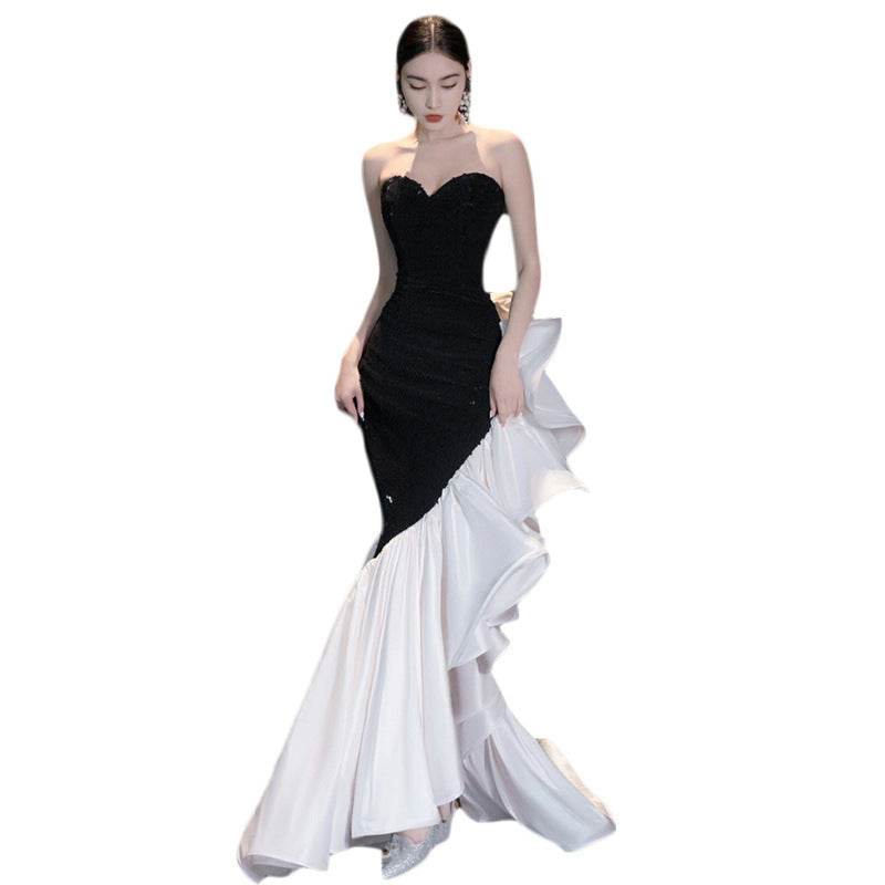 Sophisticated ladies Black and White Evening Gown - Opulent Elegance black white gown Distinguished Fine Apparel