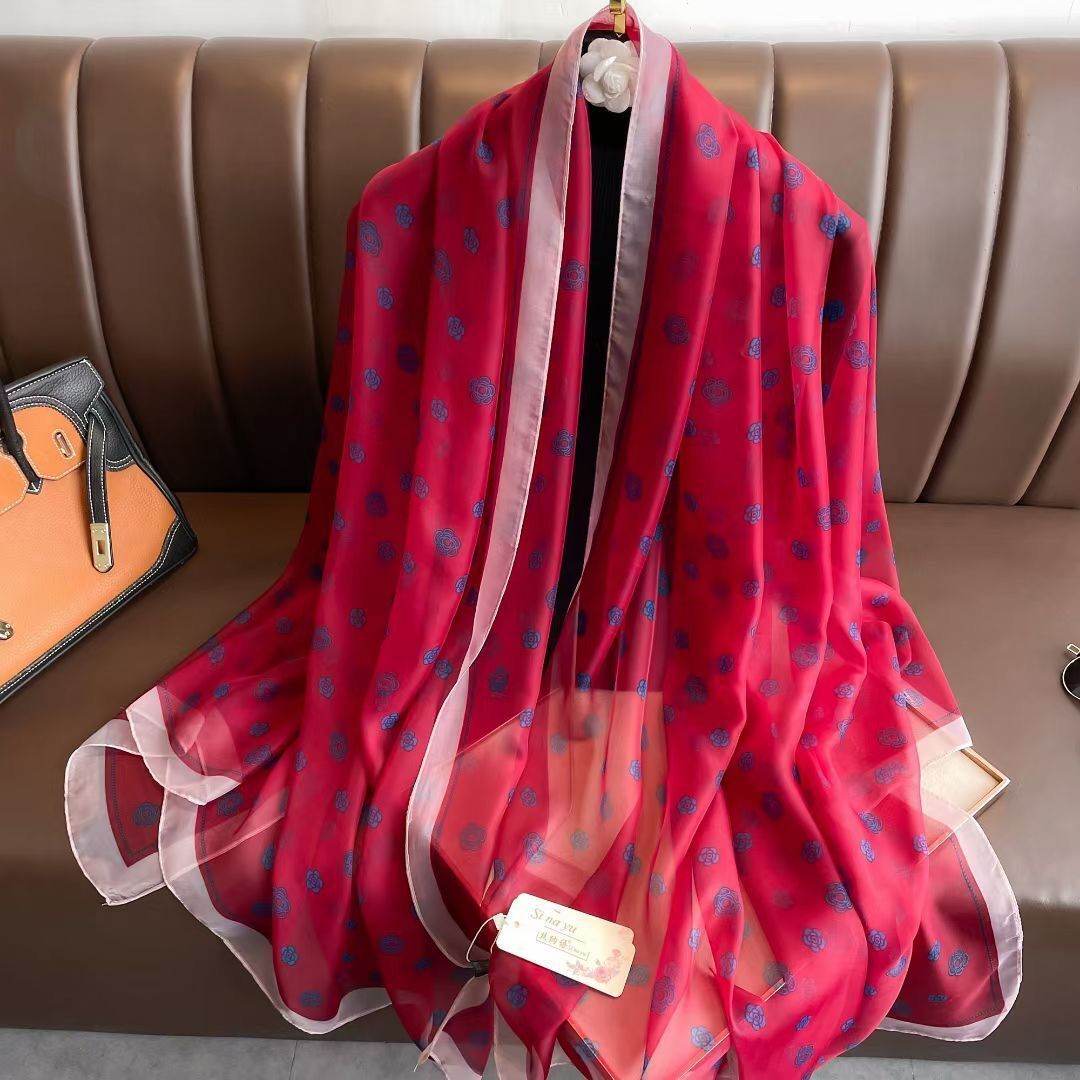 Elegant ladys Scarf - Long Elegant Vibrant ladys skafs Distinguished Fine Apparel Wine Red Camellia 180CMto130CM