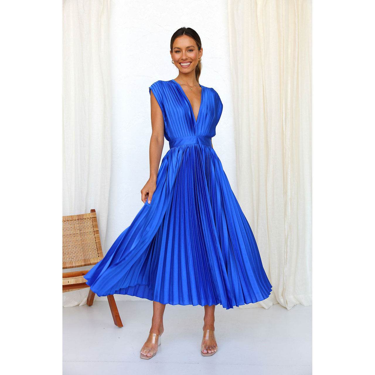 Elegant Ladies Pleated Dress - Distinguished Refined Summer Boutique Piece lady's dresses Distinguished Fine Apparel Blue L